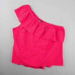 Du Jour Ruffle One Shoulder Eyelet Lined Pink Women Shirt 1X